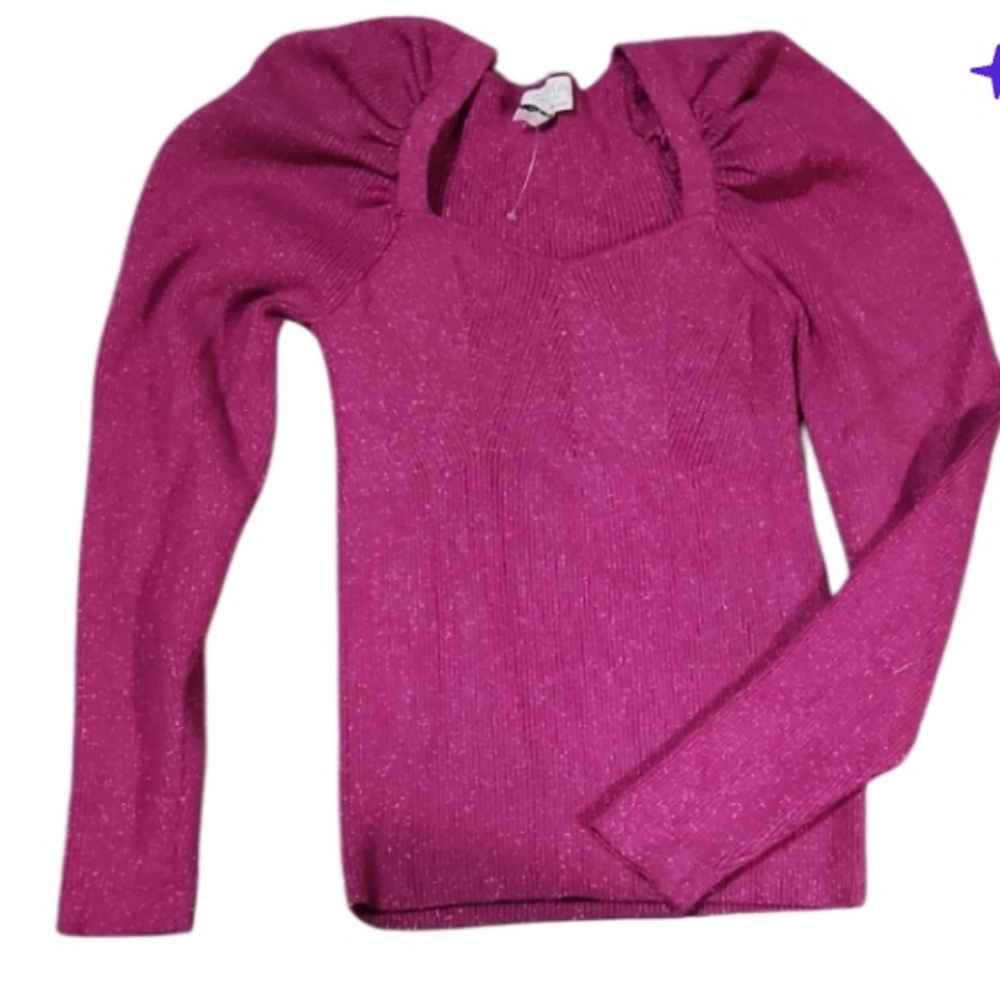 Sofia Jeans Small Jrs Ribbed Fushia Mettalic Stretch Puff Sleeved Sweater Vtg Ne